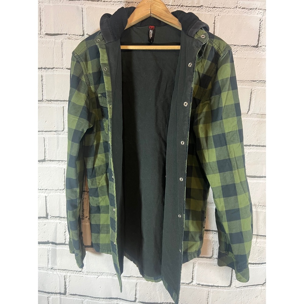 Never Summer Mens Green Black Buffalo Plaid Hooded Flannel Shirt Jacket Small